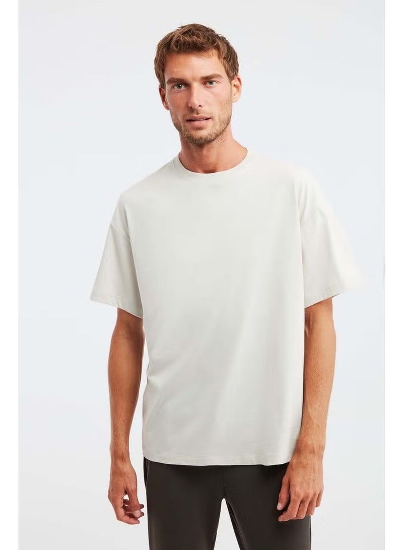 GRIMELANGE Jett Men's Oversize Fit 100% Cotton Thick Texture Stone Color T-shirt - Image 3